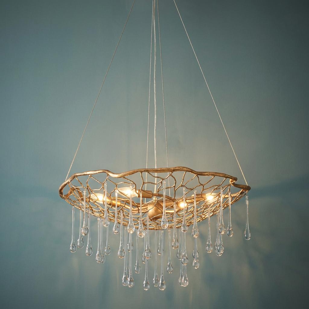 Laguna 4-light gold pendant with a twig-like metal frame and hanging glass droplets against a teal wall.