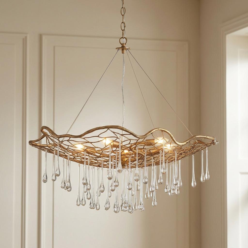 Laguna 6-light gold pendant light with a wavy lattice frame and cascading glass teardrop droplets.