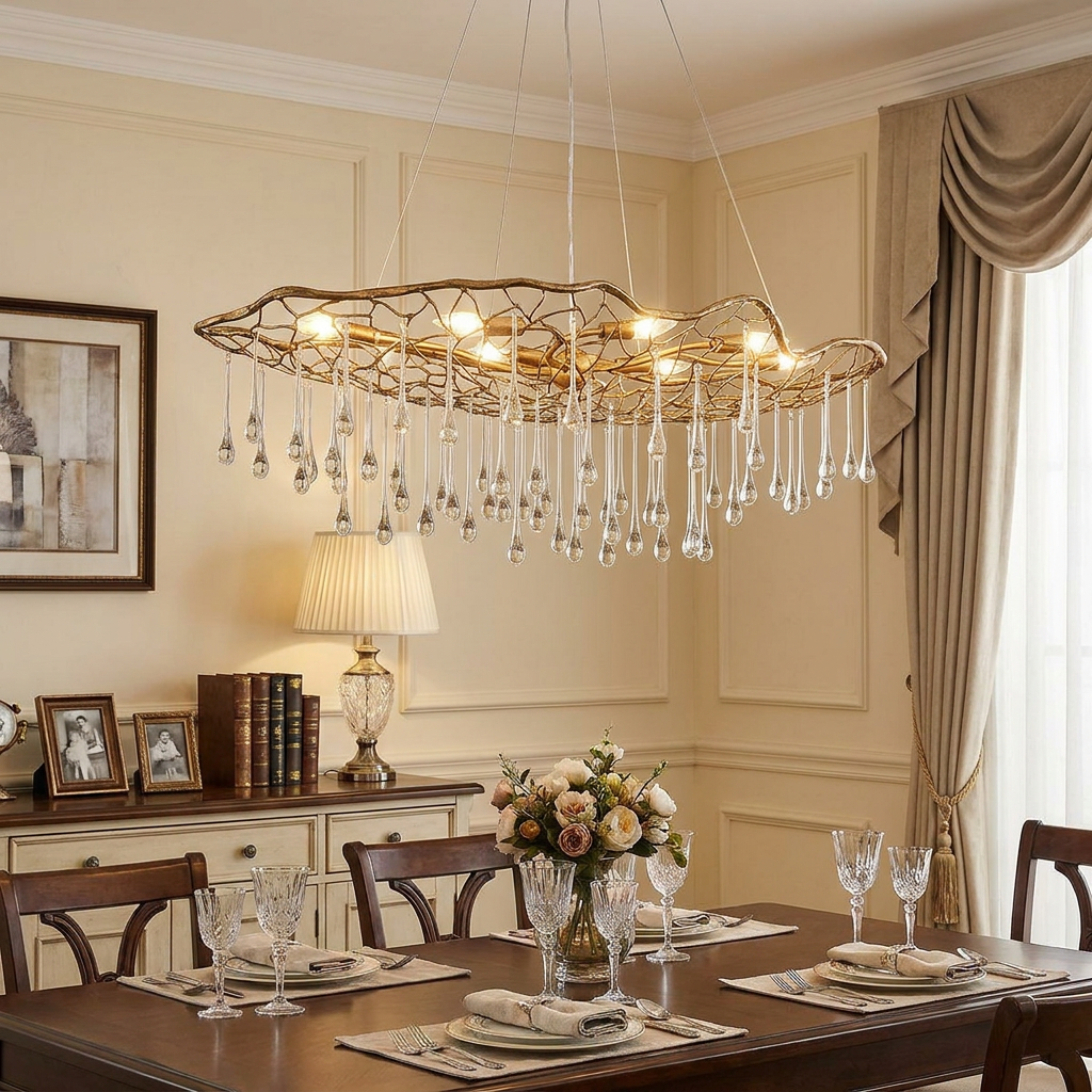 Gold mesh pendant light with glass droplets hanging over a set dining table in a classic, elegant room.