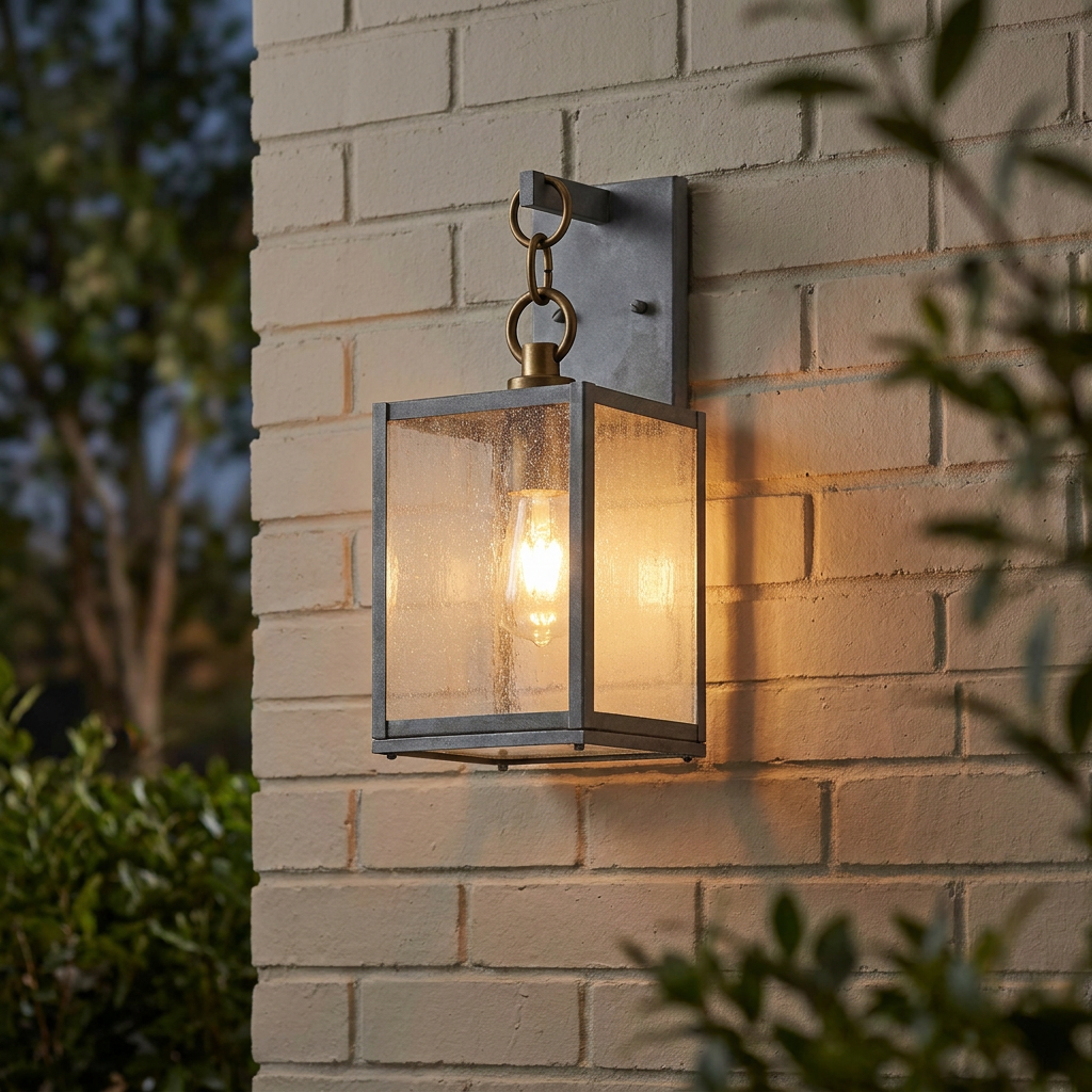 Lahden outdoor wall lantern with seeded glass and weathered zinc finish, illuminated on a brick wall at dusk.