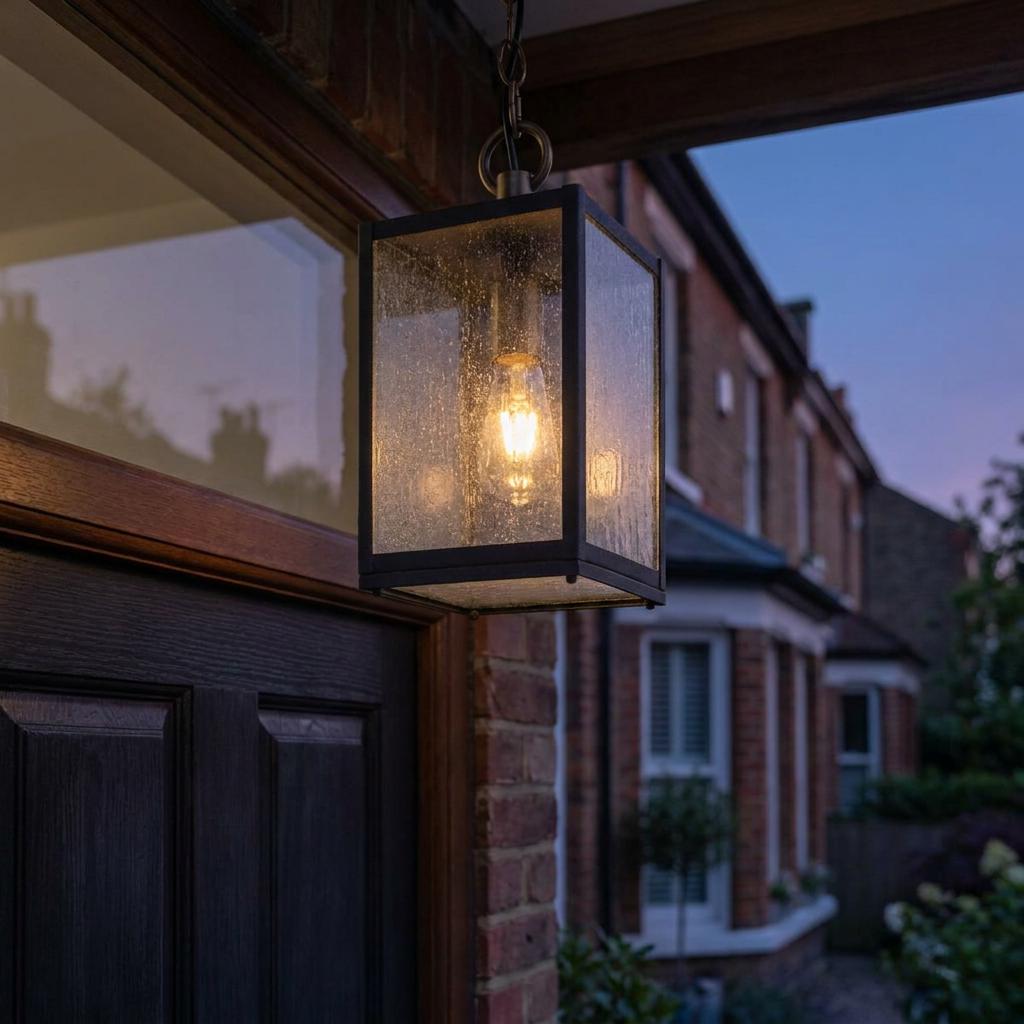 A Lahden outdoor chain lantern with seeded glass panels and a black frame, illuminated in a porch at twilight.