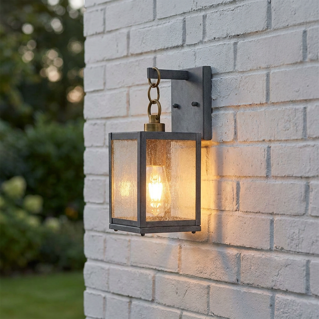 Lit Lahden small outdoor wall lantern with seeded glass and brass accents mounted on a white brick wall.
