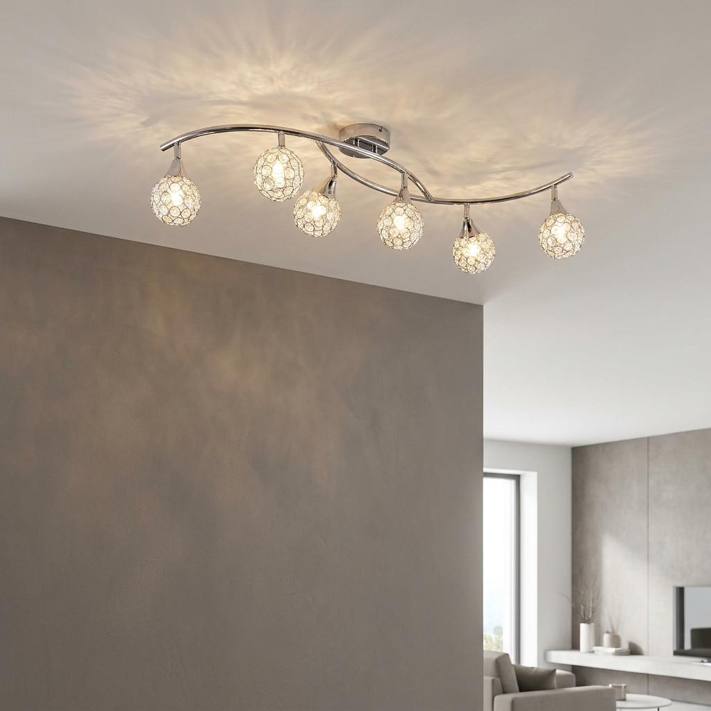 Lana 6-light chrome flush ceiling light with curved arms and crystal globe shades in a modern living room.