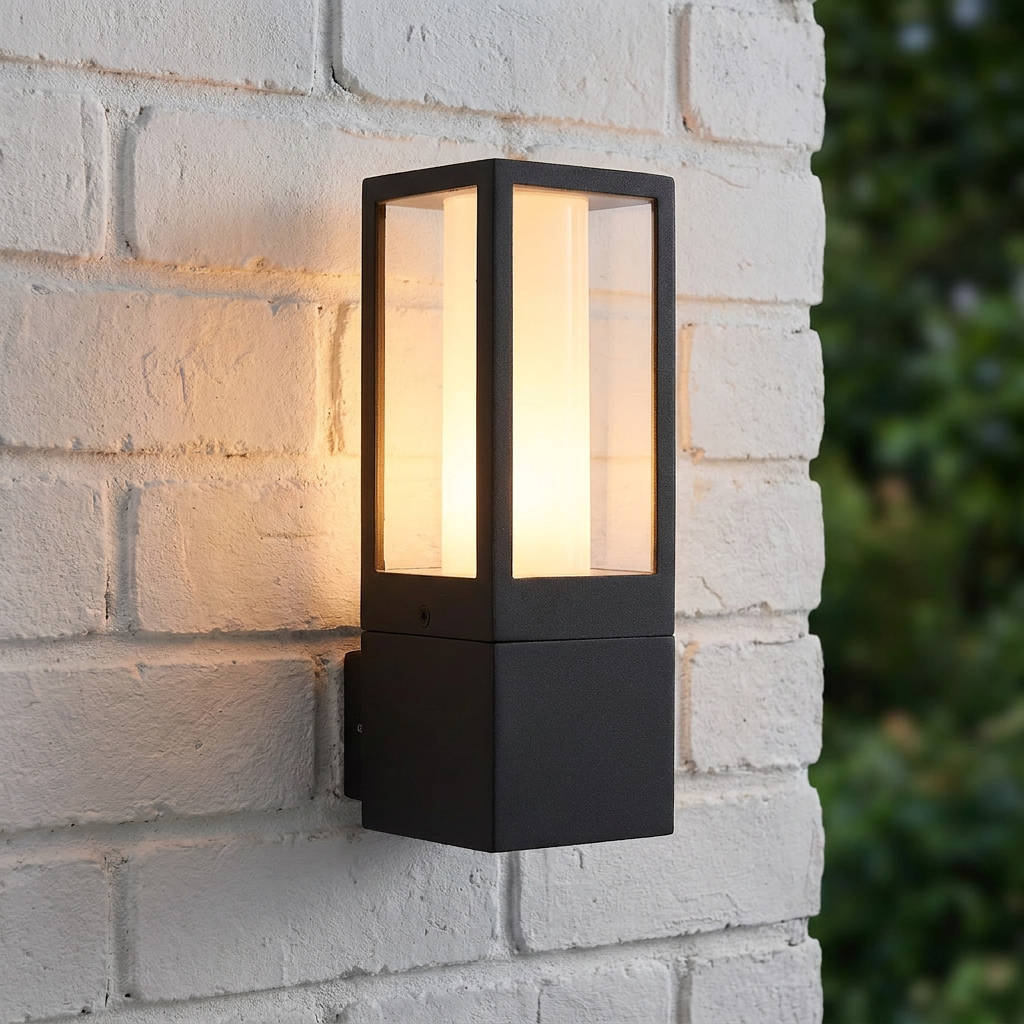 Modern black rectangular outdoor wall lantern with a glowing cylindrical diffuser mounted on a white brick wall.