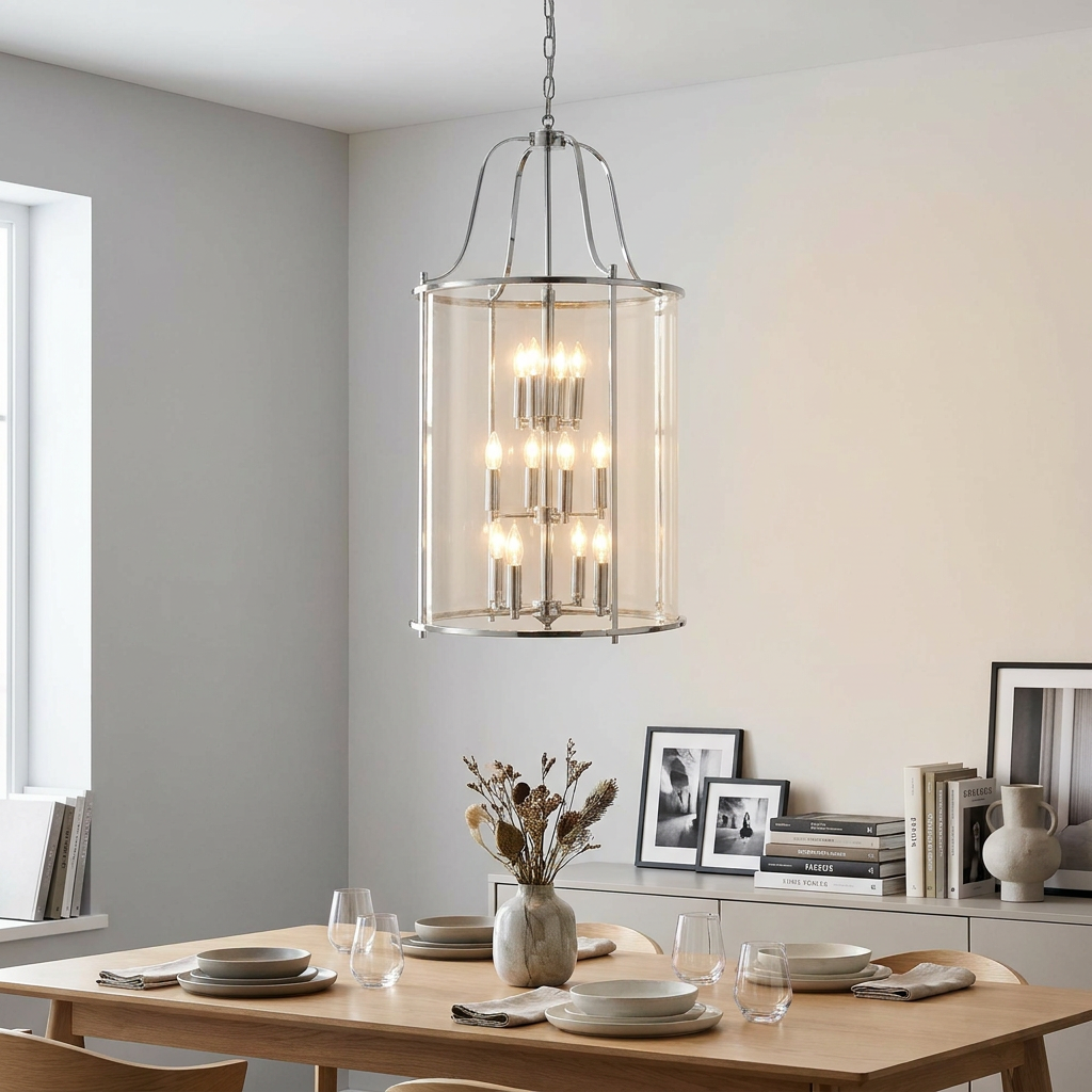 Large chrome and clear glass 12-light lantern pendant hanging over a modern wooden dining table set for a meal.