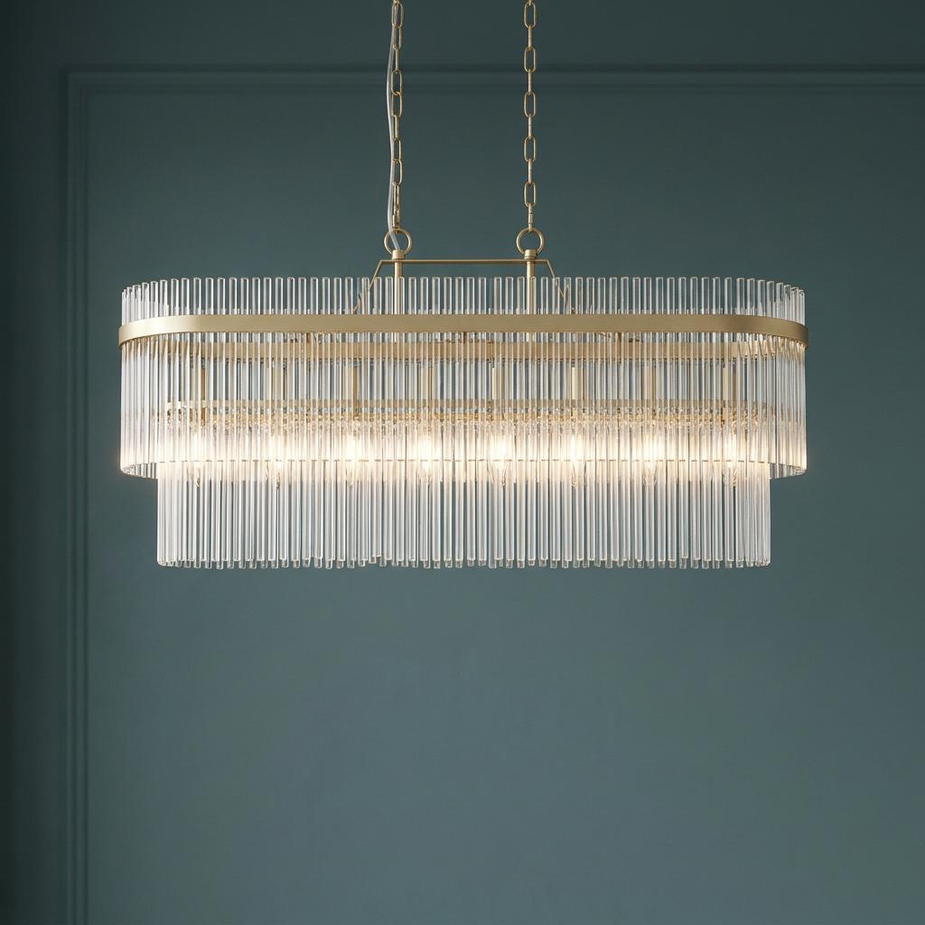 An illuminated Lara 8 Light Oval Pendant with a gold metal frame and clear glass rods against a dark teal wall.
