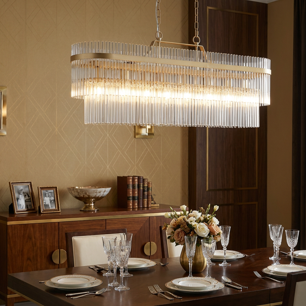 A Lara oval pendant light with gold metal and clear glass rods hangs over an elegantly set dining table.