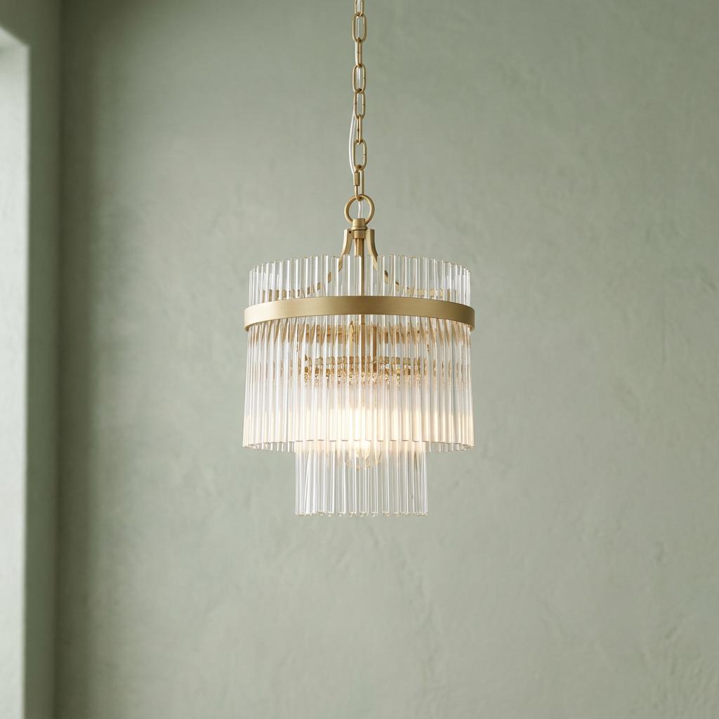 Lara gold pendant light featuring tiered clear glass rods hanging against a sage green wall.