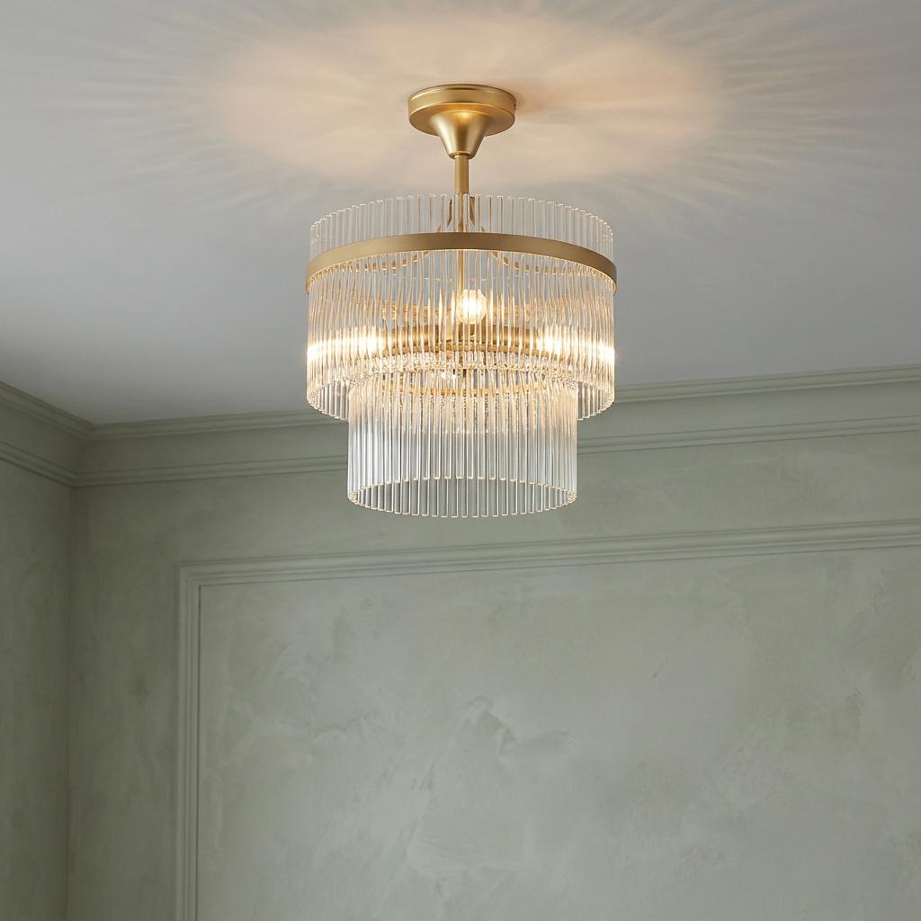 Elegant gold semi-flush ceiling light with two tiers of vertical glass rods against light green walls.