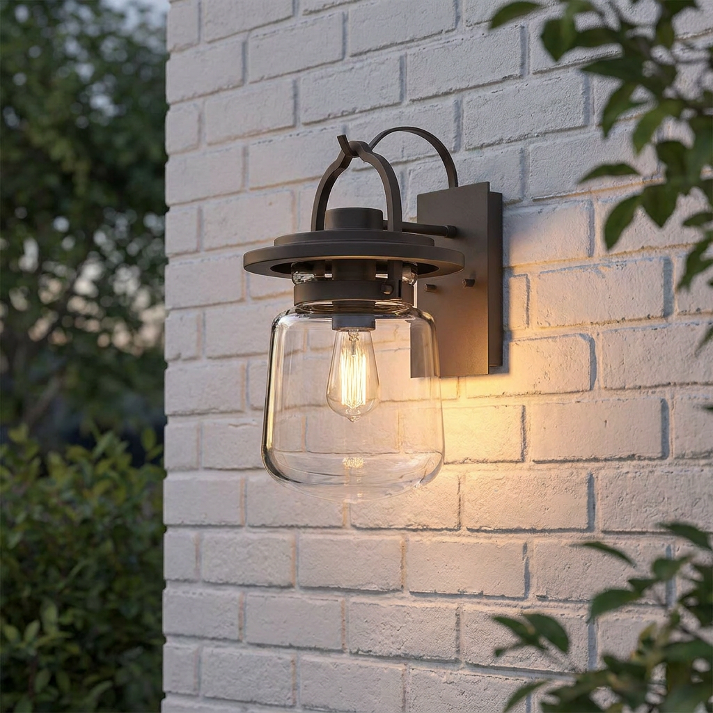 Lasalle 1 light medium bronze outdoor lantern with a clear glass shade and Edison bulb on a white brick wall.