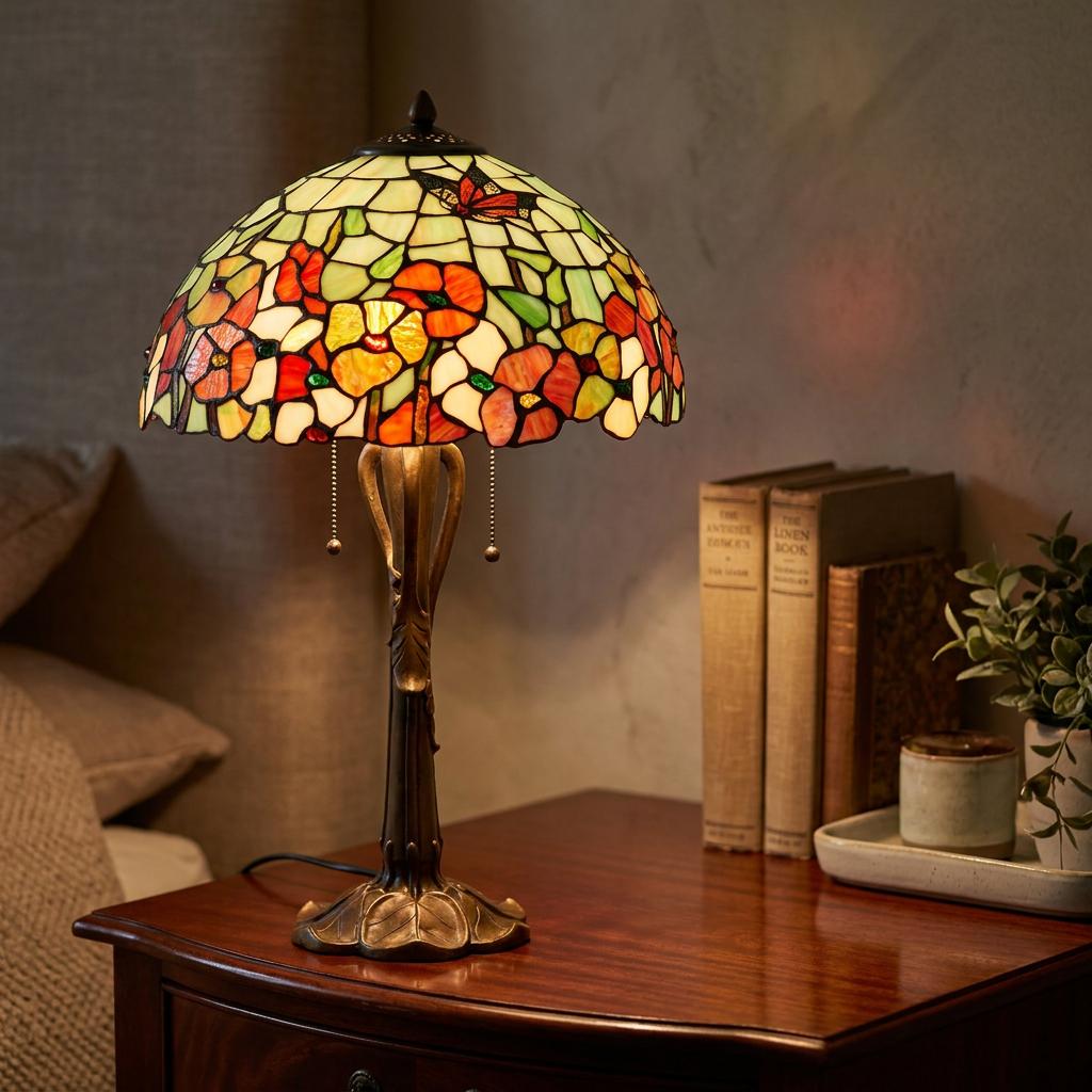 Floral Leighfield Tiffany table lamp with a butterfly stained glass shade on a dark wooden bedside table.