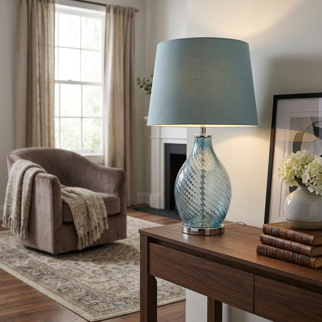 Large blue glass table lamp with a swirl-patterned base and blue drum shade sitting on a wooden console table.