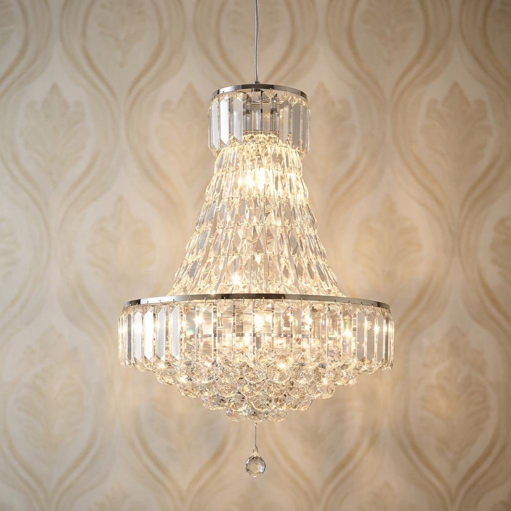 Ornate tiered crystal chandelier with chrome finish illuminated against patterned gold wallpaper.