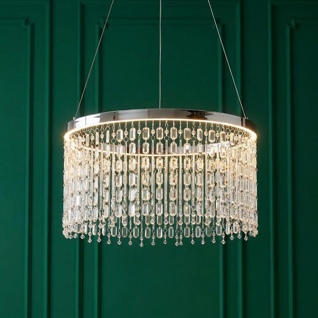 Illuminated Liliana LED chrome and crystal glass ceiling pendant set against a dark green panelled wall.