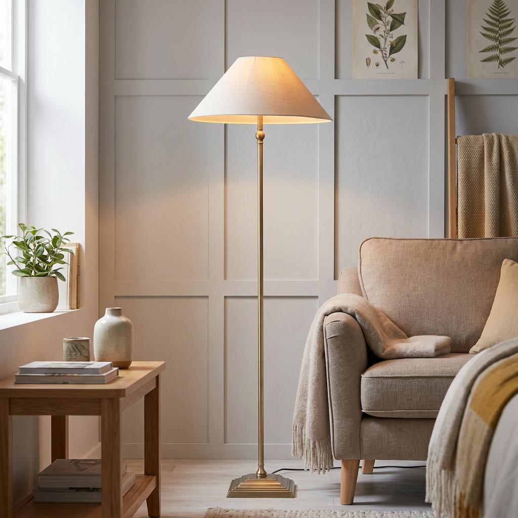 Lille antique brass floor lamp with a cream linen shade standing in a cozy living room beside a tan armchair.