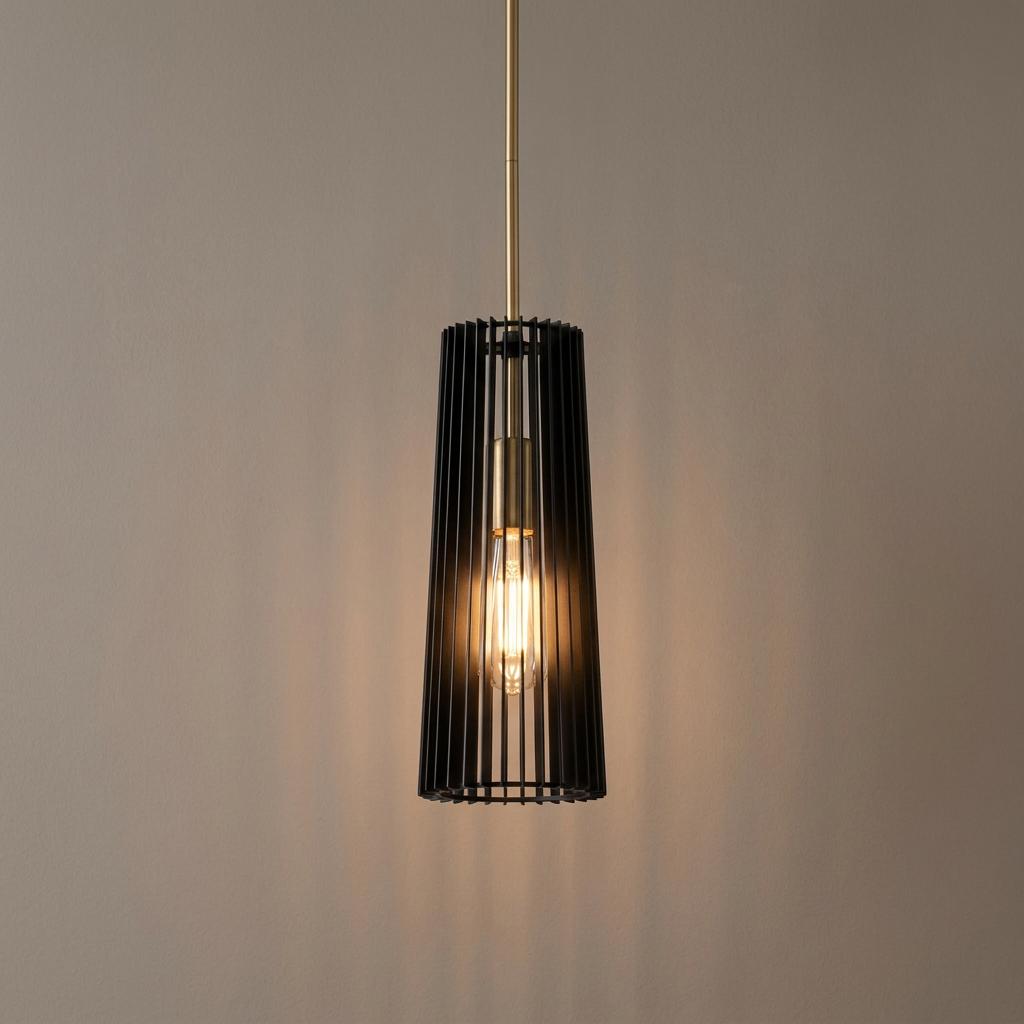 Linara 1 light modern pendant featuring a black slatted shade and brass hardware with a glowing filament bulb.