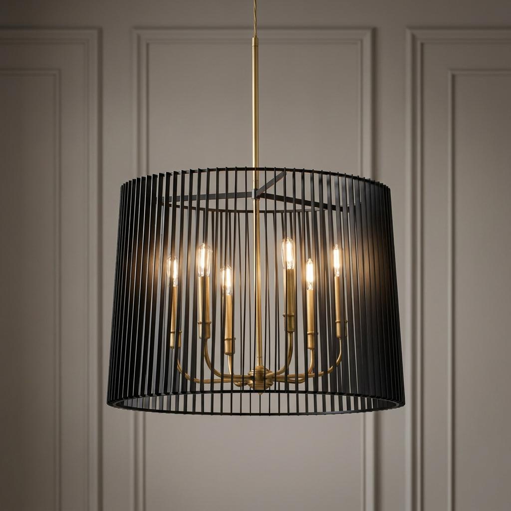 Linara 6 light modern chandelier featuring a black slatted drum shade and brass candle-style fixtures.