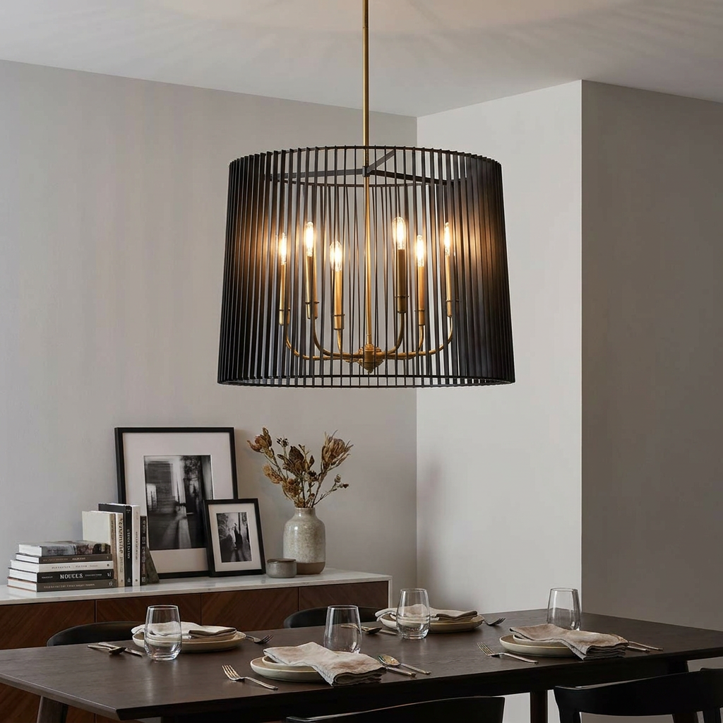 Linara 6 Light Modern Chandelier featuring a black slatted cage over a dining table in a contemporary room.