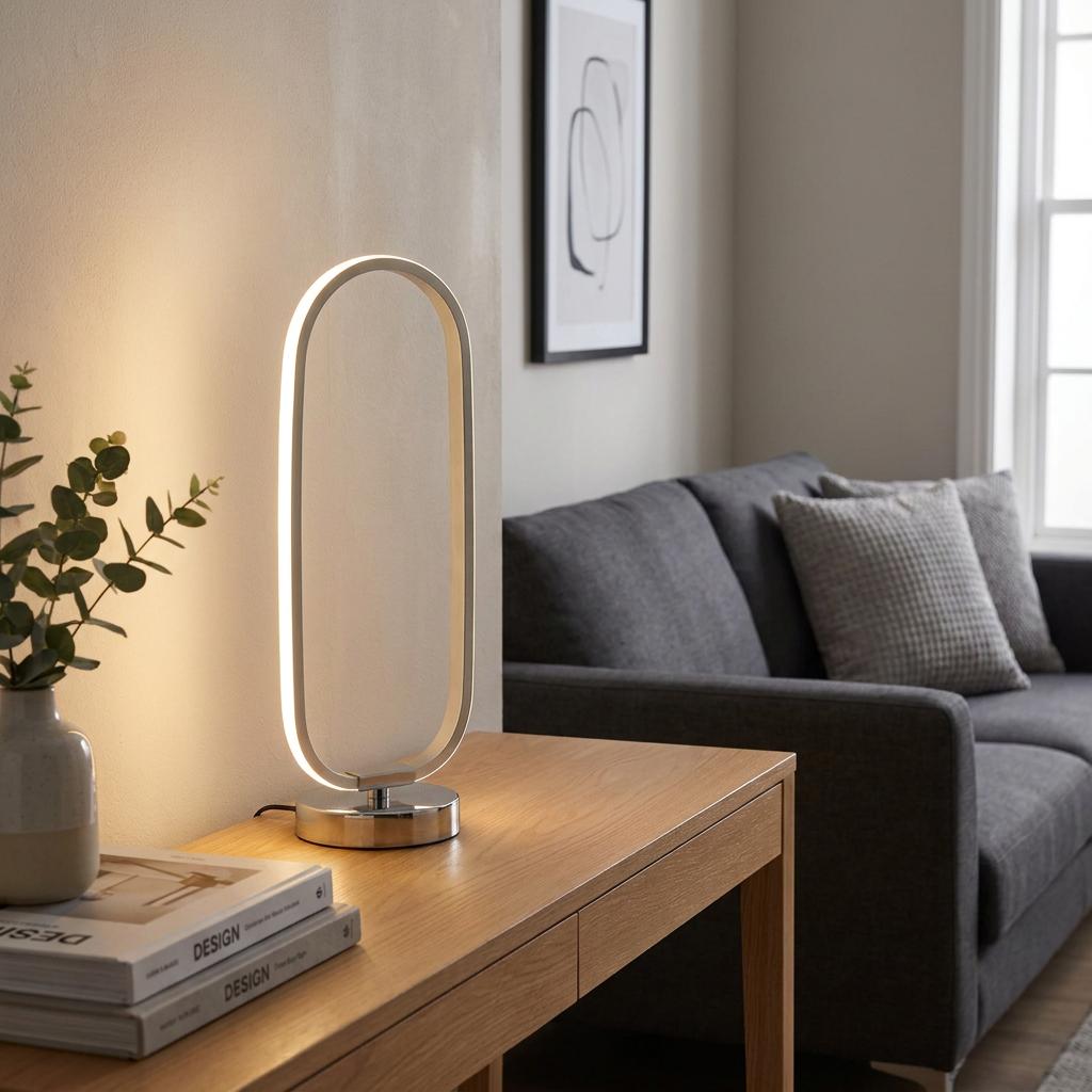 Modern oval-shaped integrated LED table lamp in brushed aluminum glowing on a wooden desk in a living room.