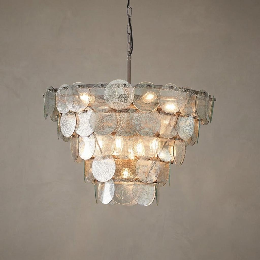 Littlehampton silver 9-light pendant chandelier with tiered mercury glass discs hanging from a chain.