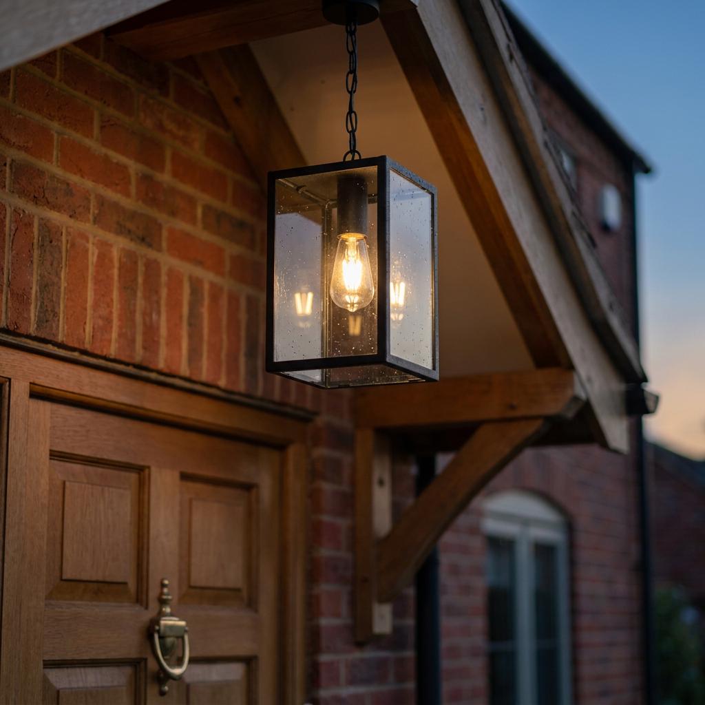 Lofoten black rectangular outdoor chain lantern with seeded glass hanging under a wooden porch roof.