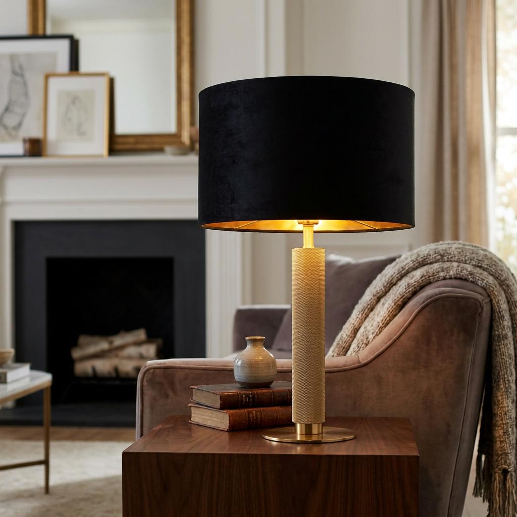 Knurled brass table lamp with a black velvet shade on a wooden side table in a cozy living room.