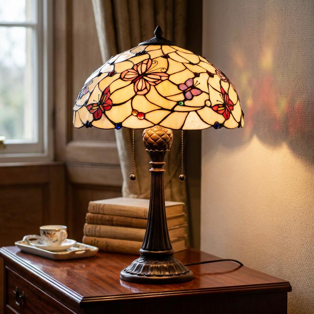Butterfly-patterned Tiffany table lamp on a wooden chest with books and a tea set in a warm room.
