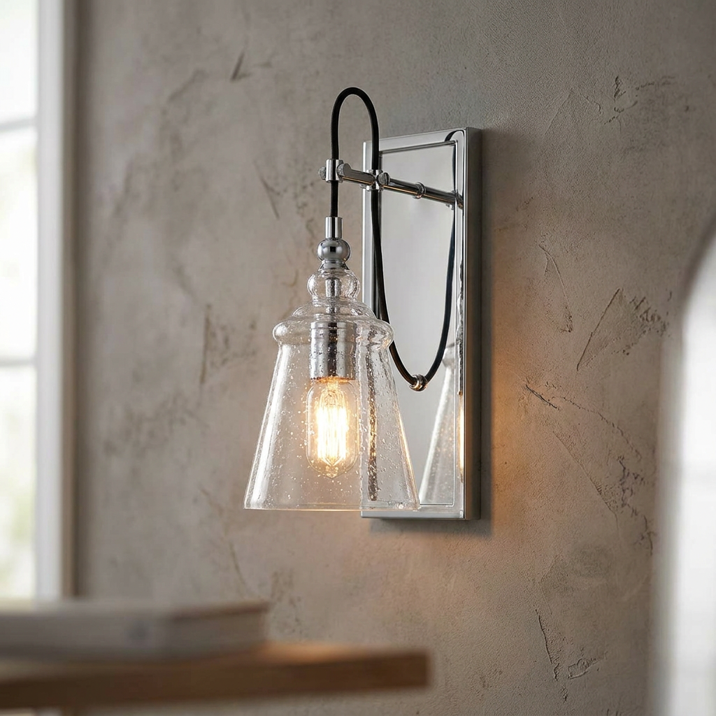 Chrome wall light featuring a seeded glass shade and black hanging cord against a neutral textured wall.