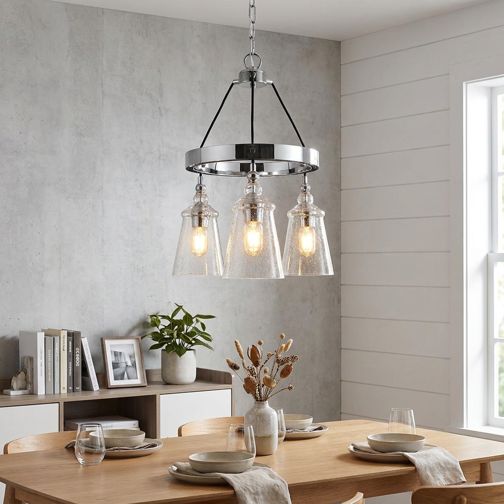 Loras 3 Light Chrome Chandelier with tapered seeded glass shades hanging over a wooden dining table.