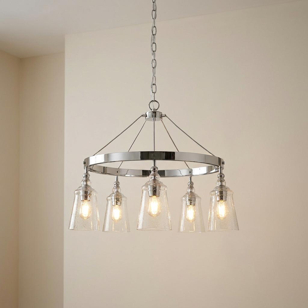 Loras 5-light chrome chandelier with a circular hoop frame and five seeded glass shades hanging from a chain.