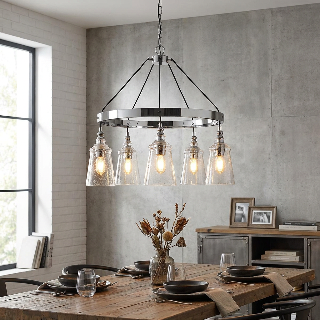 Loras 5 light chrome chandelier with seeded glass shades hanging over a wooden dining table in a modern room.