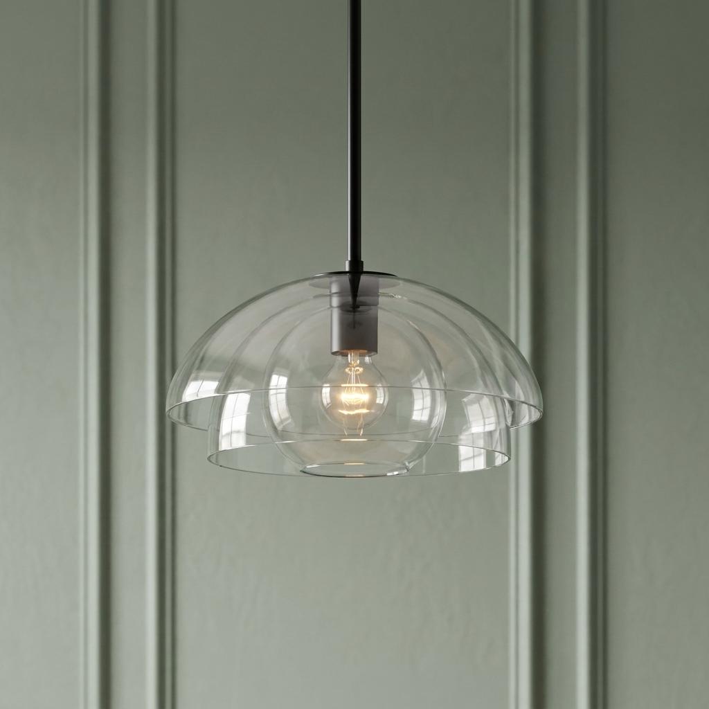 Tiered clear glass dome pendant light with a black rod hanging against a sage green paneled wall.