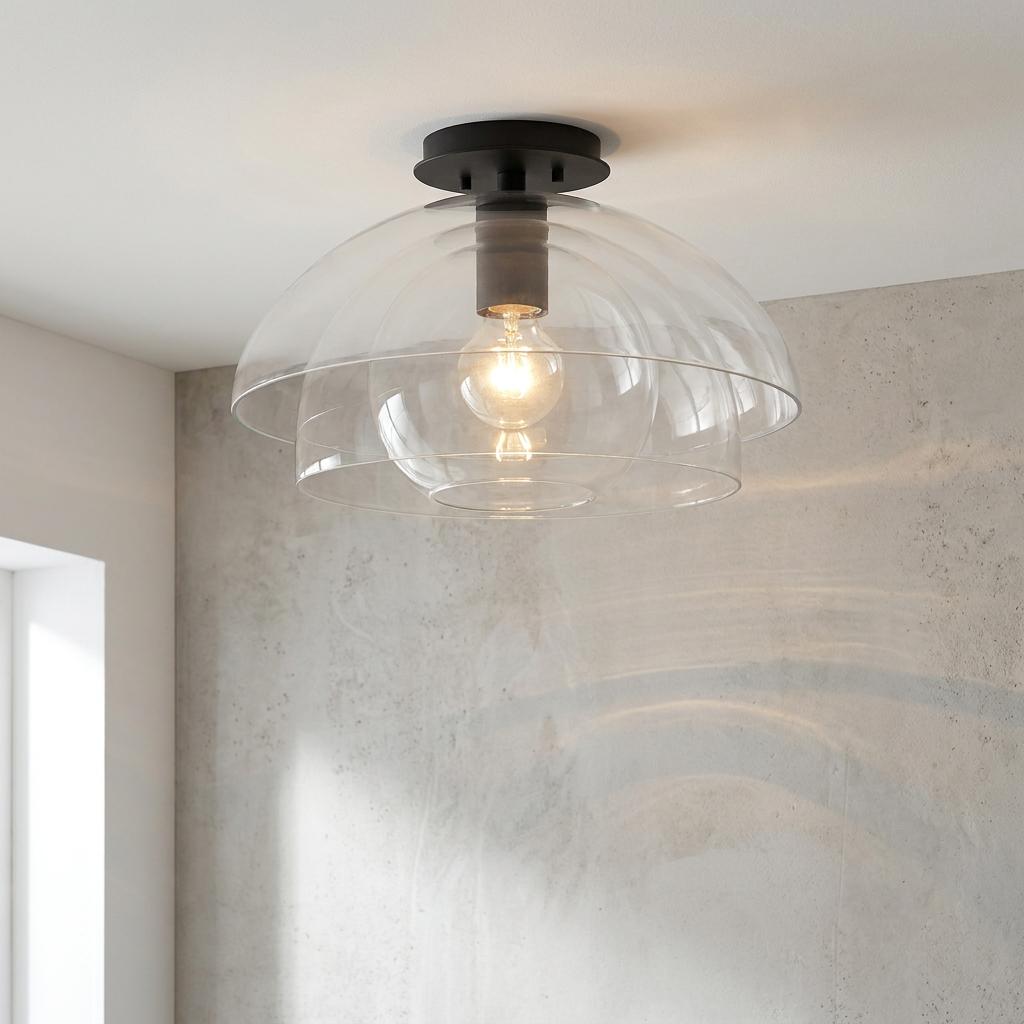 Semi-flush ceiling light with three tiered clear glass shades and a black mount, lit against a textured wall.