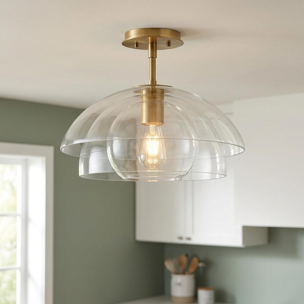 Brass semi-flush ceiling light with tiered clear glass shades and a filament bulb in a modern kitchen.