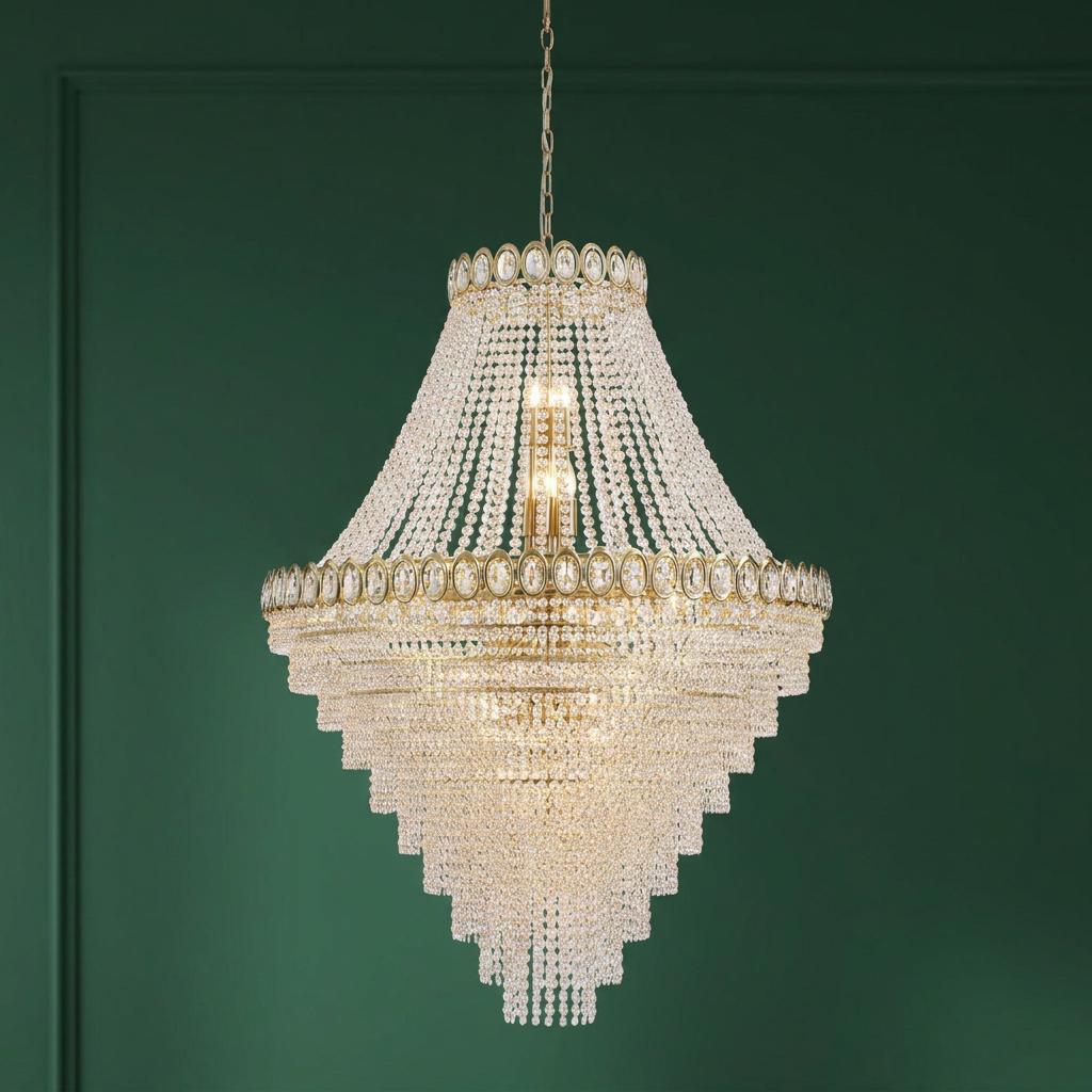Large tiered crystal chandelier with satin brass frame against a dark green wall.