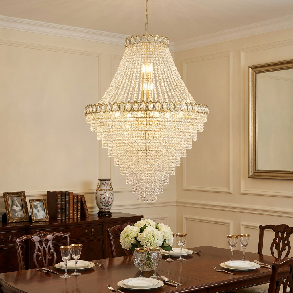 A large crystal cascade chandelier hangs over a formally set wooden dining table in an elegant room.