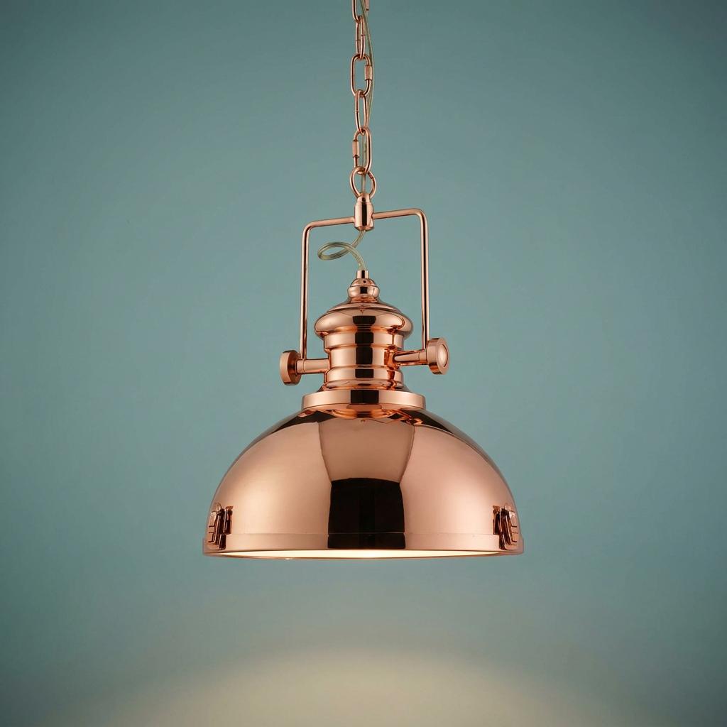 Louisiana Industrial 1 Light Copper Pendant Searchlight with a polished dome shade against a teal background.