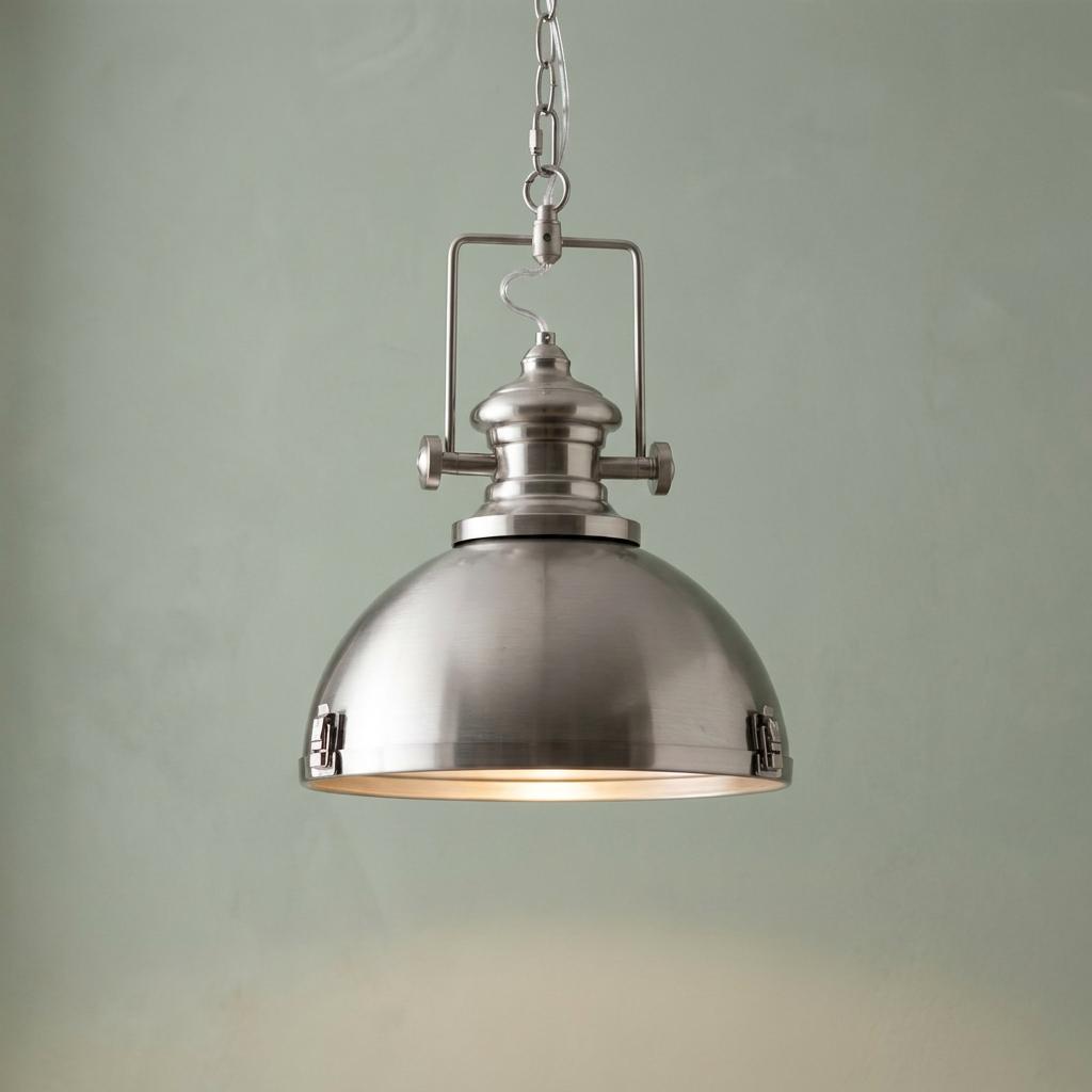 Industrial satin silver dome ceiling pendant with chain suspension against a plain wall.