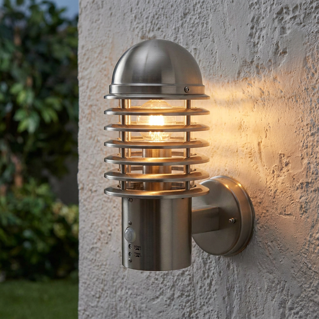 Illuminated brushed stainless steel louvre wall light with PIR sensor mounted on a textured exterior wall.