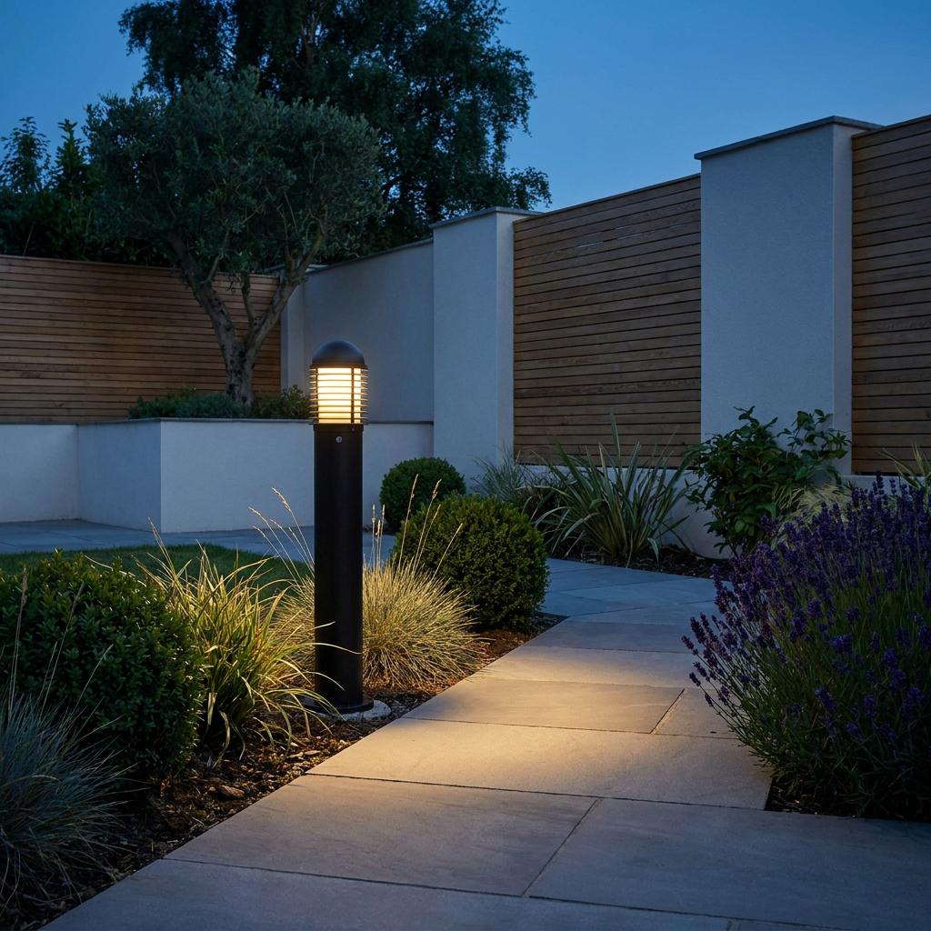 Black louvre bollard light glowing warmly beside a stone garden path at twilight.