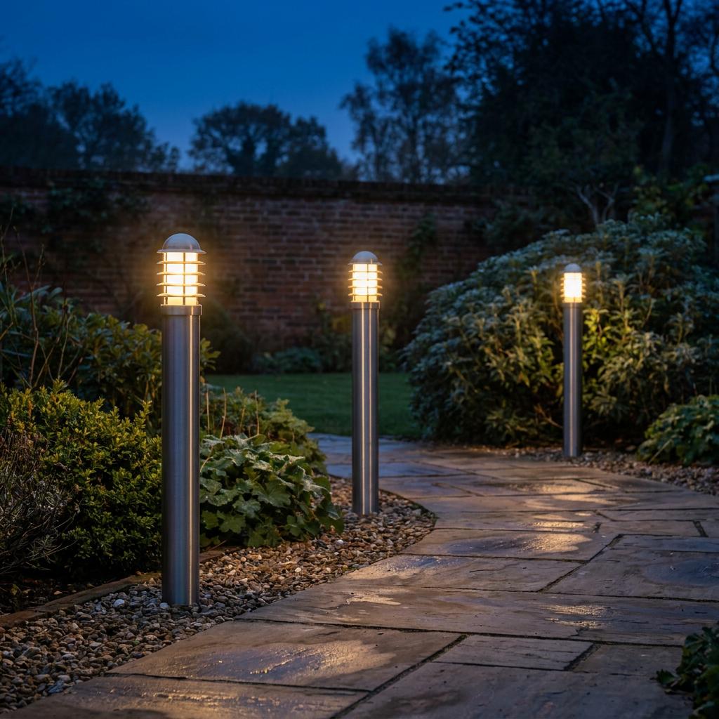 Three stainless steel louvred bollard lights illuminate a stone garden path at dusk against a brick wall background.