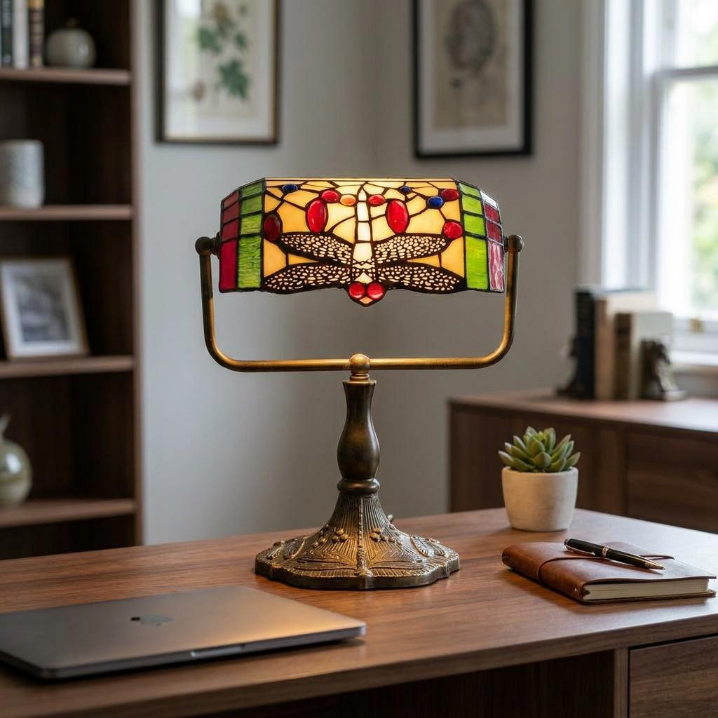 Dragonfly Tiffany bankers lamp with a colorful stained-glass shade on a wooden desk.