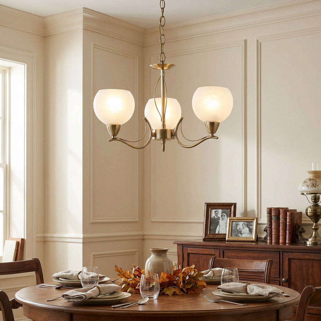 Luanda 3 Light Antique Brass Pendant Chandelier with frosted glass globes over a set wooden dining table.