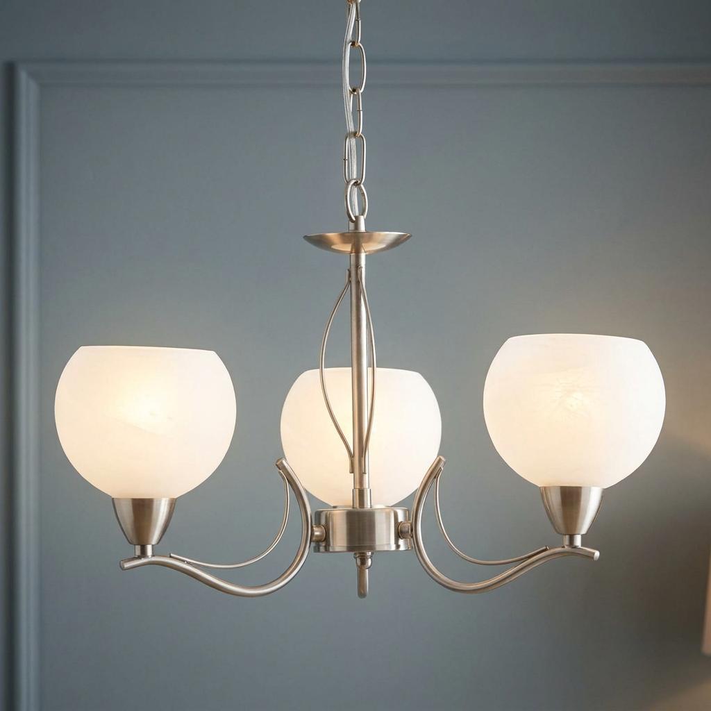 Luanda 3-light antique chrome chandelier featuring curved arms and frosted white glass globes.