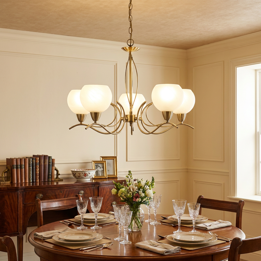 An antique brass 5-light chandelier with frosted glass globes hanging over a formal wooden dining table.
