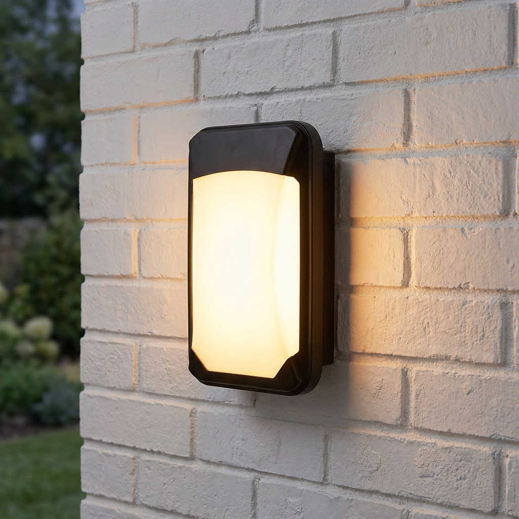 A black rectangular outdoor LED wall light with a warm glowing diffuser, mounted on a white brick wall.
