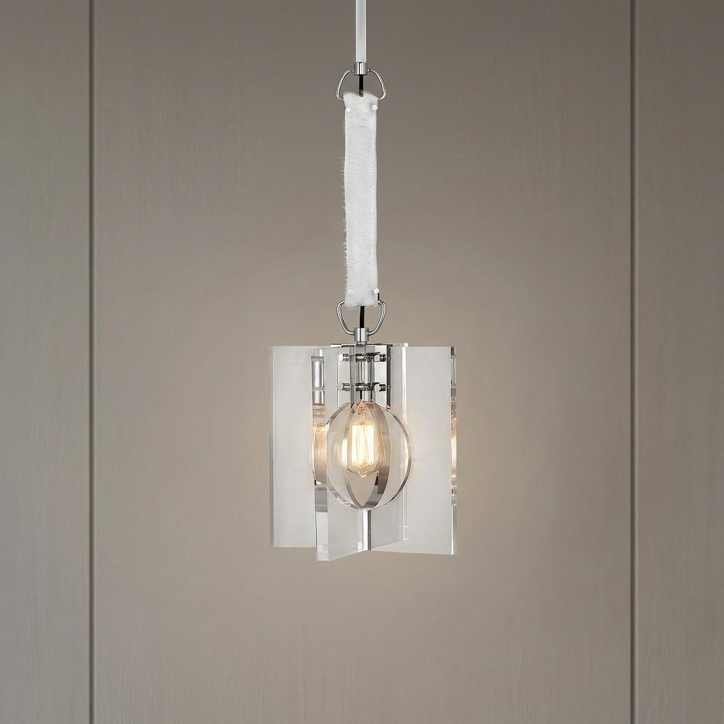 Polished nickel pendant light with a white textured stem and clear glass panels against a neutral background.