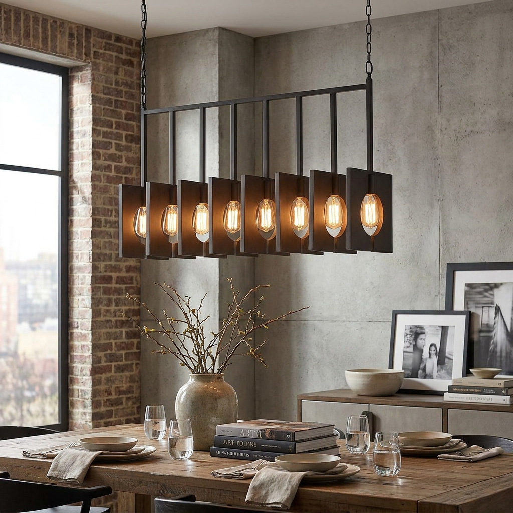 A Ludlow 8 light brushed graphite ceiling pendant light hangs over a set wooden dining table in an industrial room.