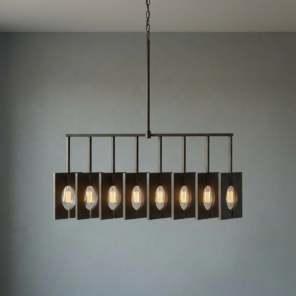Ludlow 8-light brushed graphite linear pendant with Edison bulbs set in rectangular frames.