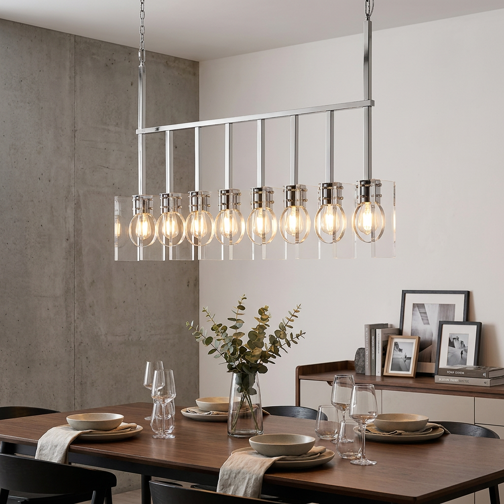 Modern 8-light polished nickel linear pendant with clear glass panels over a set dining room table.